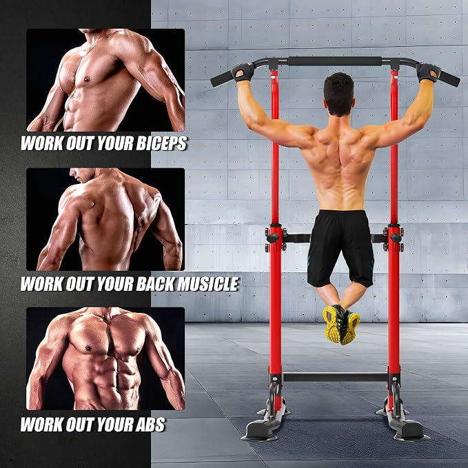 soges Power Tower Pull Up Bar Station, Free Standing Pull Up Rack Dip Station for Home Gym, Height Adjustable Home Strength Training Fitness Workout Equipment