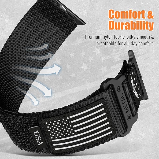 Rugged Nylon for Apple Watch Band for Men Series 11/10/9/8/7/6/SE/5/4/3/2/1 iWatch Bands Man,Soft Woven Adjustable Stars-Stripes Flag Wristbands Strap for Apple Watch SE 3/2/1 42mm 41mm 40mm 38mm