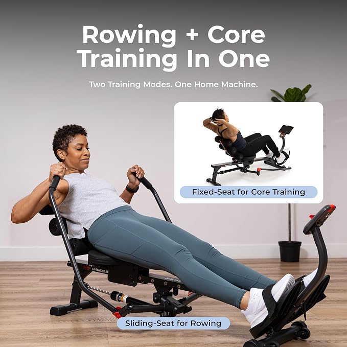Sunny Health & Fitness Smart Full Motion Rower | 12 Resistance Levels, Dual-Arm Design, SunnyFit App Connectivity, 400 LB Capacity, Optional Back-Assist Core Trainer