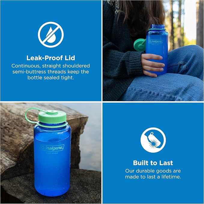 Nalgene 32 oz Wide Mouth Water Bottle, Cornflower Blue | BPA-Free, Durable & Lightweight, Leak Proof, Dishwasher Safe, Large Reusable Plastic Bottle for Hiking, Gym, Work & Travel