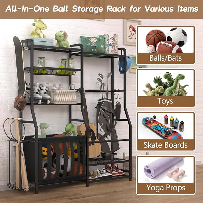 Faesun Garage Sports Equipment Organizer, Golf Bag Storage Rack, Heavy Duty Ball Holder with Basket & Hooks, Indoor/Outdoor Basketball Storage Bins for Toy Sports Gear Storage
