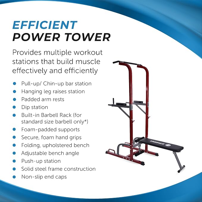 Stamina Full Body Power Tower 735 - Dip Bar with Built-in Bench and Rack - Pull Up Bar Station with Smart Workout App - Dip Bars for Home Workout - Up to 300 lbs Weight Capacity | Dip Bar with Built-in Bench and Rack; Pull Up Bar Station with Smart Wor...