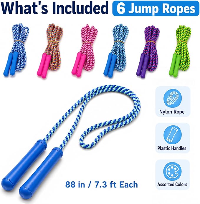 GiftExpress Adjustable Size Colorful Jump Rope for Kids and Teens - Outdoor Indoor Fun Games Skipping Rope Exercise Fitness Activity and Party Favor - Assorted Colors Pack of (6)