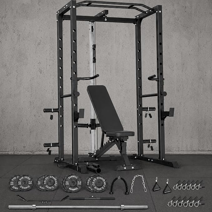 5-in-1 Power Rack Heavy Duty Home Gym | 5 Configs: Only, +Pulley, +Bench, +150LB, +240LB. 1200LB, 50x50mm, 83"H. J-Hooks, Safety Bars, Landmine. Olympic 2" Plates.