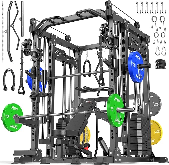 XGSW Smith Machine with Weight Stack, Multi-Function Squat Rack Power Cage with Cable Crossover System, for Home Gym
