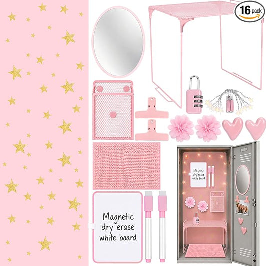 16 PCS Locker Accessories for Girls Magnetic Locker Decorations Kit with Shelf Mirror Whiteboard Pen Holder Rug Wallpaper Lights Locker Organizer Set for School Dorm Room Office Gym (Pink)