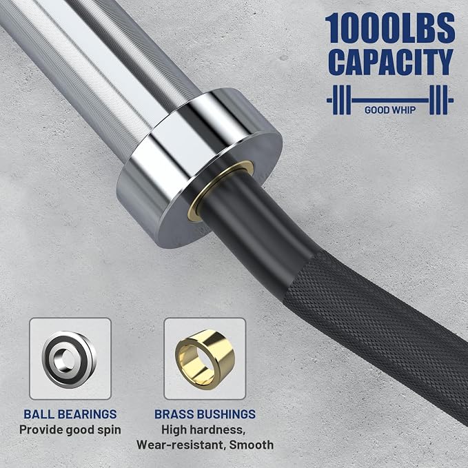 7FT Alloy Steel Cambered Barbell, 1000LB | 30mm knurled curved bar with hard chrome finish, 2-inch Olympic plate fit, and 1000LB capacity for strength training