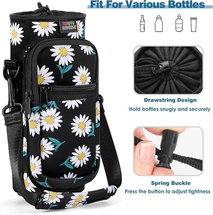 Nuovoware Water Bottle Carrier Bag, 25oz/32oz Bottle Pouch Holder, Adjustable Shoulder Hand Strap 2 Pocket Sling Neoprene Sleeve Sports Accessories for Hiking Travelling Camping, BlackDaisy | Adjustable Shoulder Hand Strap, 2 Pocket, Neoprene Sleeve, F...