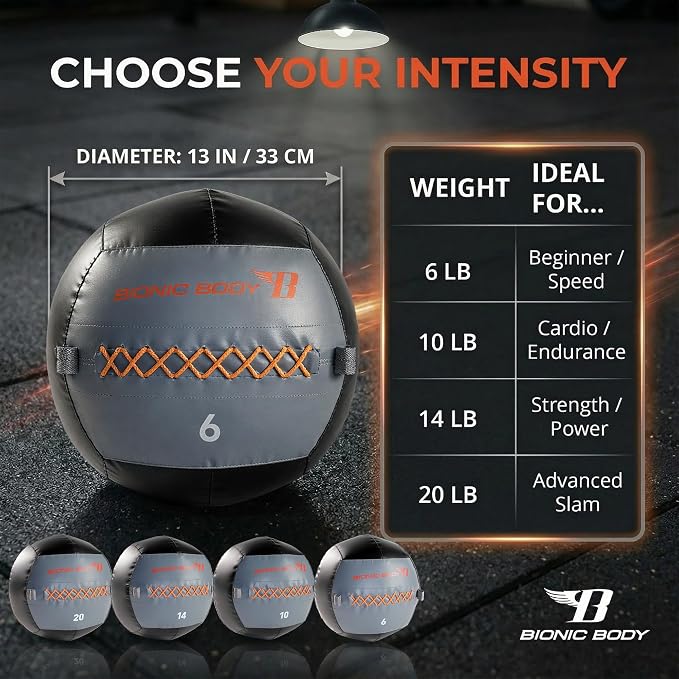 Bionic Body Soft Medicine Ball Weighted Slam Wall Ball for Cardio Workout and Core Training – Ideal for Squat, Lunge, and Partner Toss
