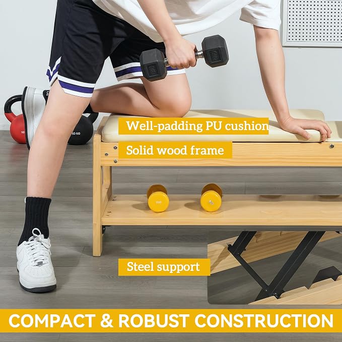 Soozier Adjustable Weight Bench with Dumbbell Rack Wooden Gym | Flat or Incline Design, Home Gym Weight Lifting Training