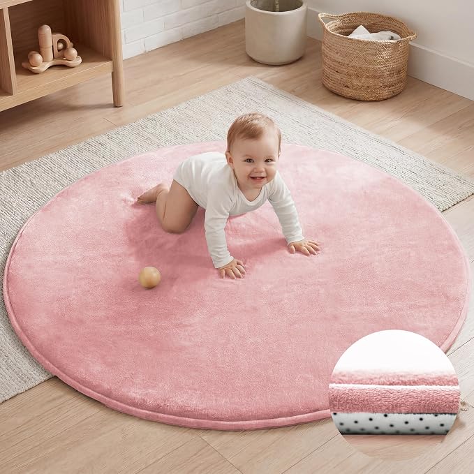 Baby Play Mat for Floor,Large 79in Round Mat for Toddler,Infant,Kids,1.3" Thick Non-Slip Nursery Rug,Water Repellent Soft Padded Activity Mats for Tummy Time, Crawling,Playroom(Pink)