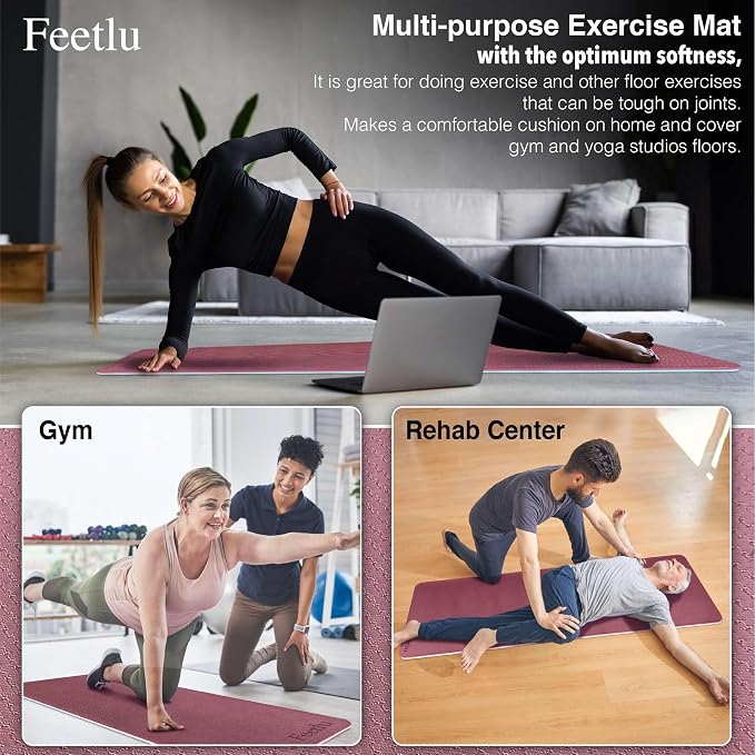 Extra Thick Yoga Mat with Carry Strap, 10mm Non-Slip Exercise Mat, 72 x 24 Inch Cushioned Workout Mat for Yoga, Pilates, Stretching & Floor Exercises