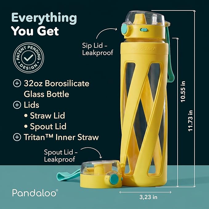 Pandaloo® Orbit 32 oz Glass Water Bottle with 2 Leak-Proof Lids (Straw & Spout), Wide Mouth, Borosilicate Glass, BPA-Free, Cup Holder Friendly for Gym, Work, Travel & Daily Hydration– Sunbeam Yellow