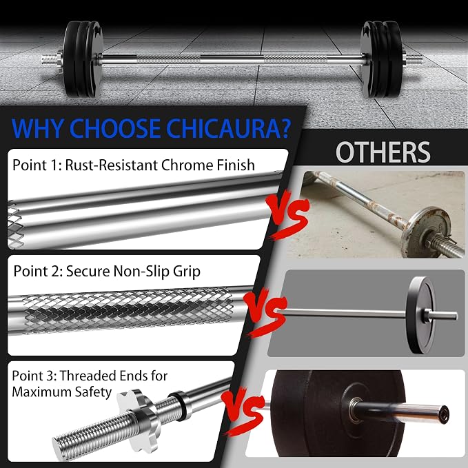 47 Inch Straight Barbell Bar - 1 inch Standard Weight Lifting Bar for Home Gym Strength Training - 480 LB Capacity for Deadlift, Hip Thrust, Bicep Curl, Lunge & Row - Includes 2 Locknuts
