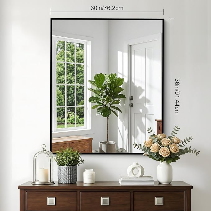 30"x36" Bathroom Mirror for Over Sink, Large Black Rectangle Mirrors for Wall, Black Framed Rectangular Mirror for Living Room Bedroom Bathroom, Hangs Horizontally or Vertically