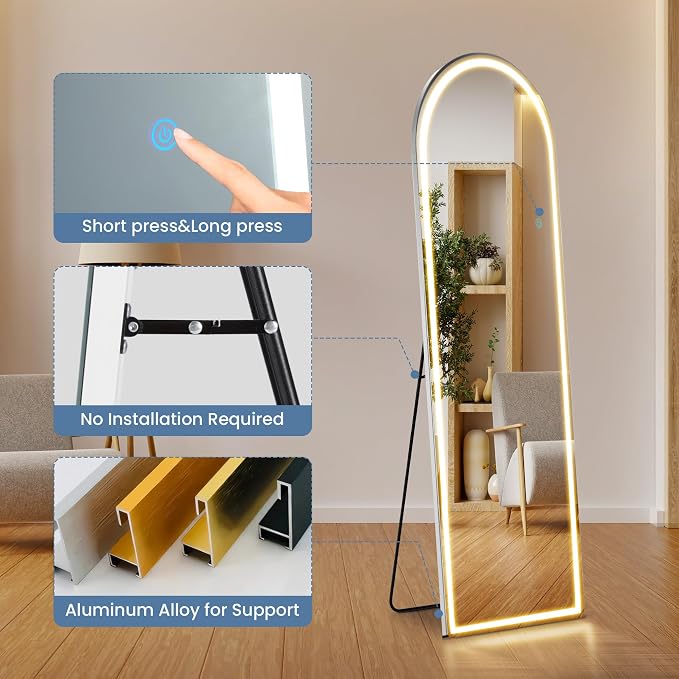 OLIXIS 16"x60" Arched Full Length Mirror with Lights, Body Mirror | Standing Floor, 3 Color Modes, Wall Mounted, Bedroom Bathroom Entryway, Tempered Glass