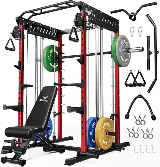 JELENS M21 Smith Machine, Multi-Function Power Cage with Dual Pulley Cable Crossover System, 2000LBS All-in-One Squat Rack with Smith Bar and Attachments for Home Gym
