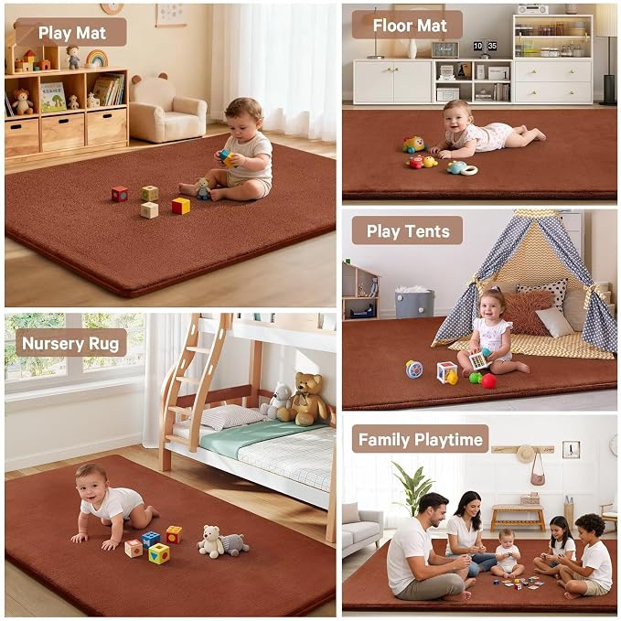 Baby Play Mat for Floor,Ultra Thick Elastic Foam 50"x50" Playmat Tummy Time Muscle Crawling Exercise Activity Cushion Gym Mat Nursery Playroom Area Kids Rug for Babies, Toddlers,Infants,Brick Red