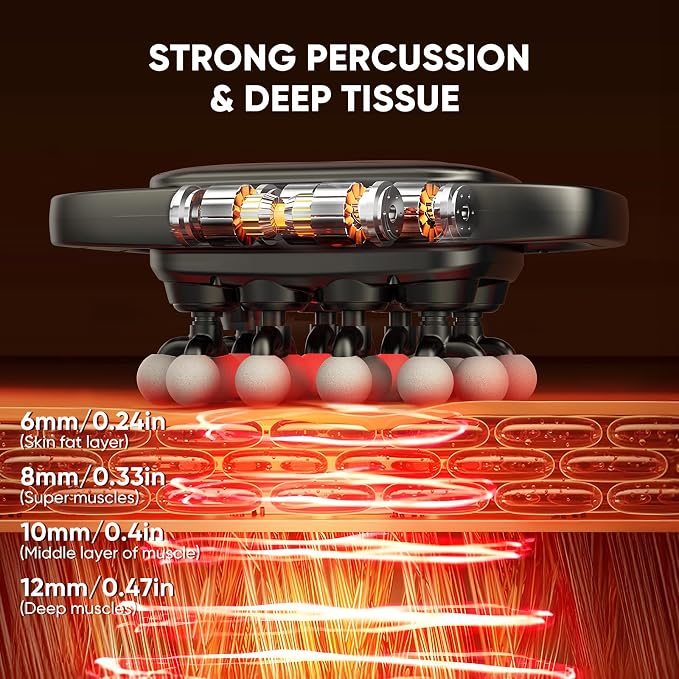 20-Head Massage Gun, 3 Modes and 30 Speed Levels | 20-head wide coverage, quiet 35 dB operation, Type-C charging, and up to 6 hours of cordless use for full-body relaxation.