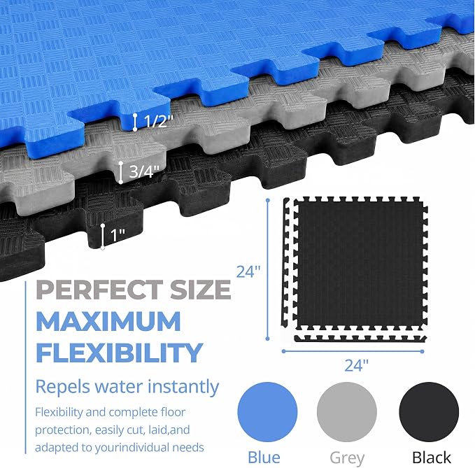 HulkFit Puzzle Exercise Mat, 1 Inch EVA Interlocking Foam Floor Tiles Workout Mat for Home Gym Equipment, MMA, Gymnastics, Shock-Absorbing Workout Mat for Garage Flooring and Apartments, 18 Tiles