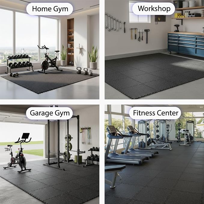 AIRHOP 1" Ultra-Thick 48 Sq Ft Rubber Top Gym Flooring for Home Gym | 12 Tiles, High Density EVA Foam, Waterproof & Non-Slip Rubber, Interlocking Puzzle Mats, Heavy Duty Floor Protection, 24"x24"