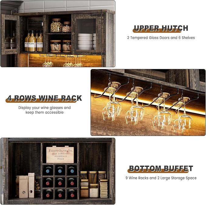 GarveeHome 72" Farmhouse Coffee Bar Cabinet with LED Lights & Power Outlets | Tall Kitchen Buffet Hutch with 3 Drawers & Wine Glass Rack, Sliding Barn Door, Ample Storage for Home Bar, Dark Oak