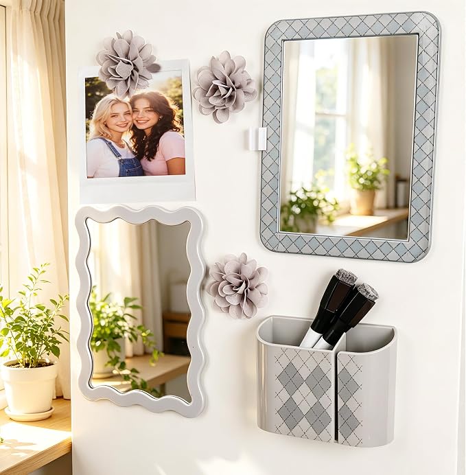 8 PCS Gray Locker Accessories Kit for Girls with Magnetic Mirror Whiteboard Pen Holder Flower Magnets Cute Aesthetic Locker Decoration Set for School Dorm Office Organization