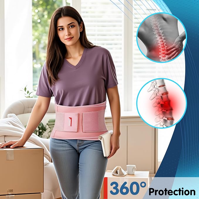 FEATOL Back Brace for Lower Back Pain, Breathable Back Support Belt for Women & Men with Lumbar Pad, Lumbar Support Belt for Heavy Lifting & Work, Pink, L/XL (Circumference:30-38.6")