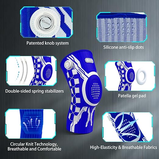 Kuangmi Knob Knee Brace for Pain Relief, Knee Support with Patella Gel Pad & Side Stabilizers, Compression Knee Sleeve for Workout, Arthritis, Joint Pain, Meniscus Tear (Blue White,Right,Medium,Single)