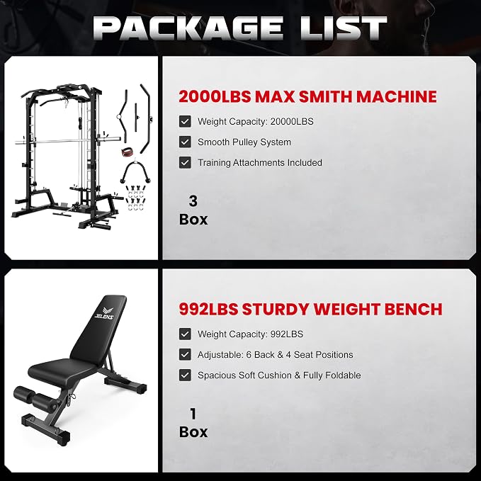 SR01 Smith Machine, 2000LBS Multi-Function Power Cage with LAT Pulldown System, All-in-One Home Gym Squat Rack with Smith Bar and Training Attachments for Full Body Workouts