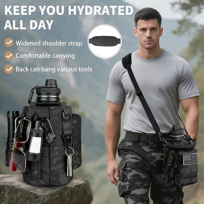 DEFUNX Half Gallon Water Bottle Insulated with Sleeve - Tactical 64 oz Stainless Steel Water Jug with MOLLE Water Bottle Pouch, Gym Water Bottles for Men Hiking Workout (Black Camo)