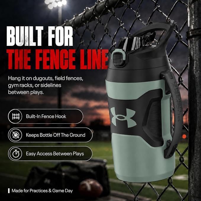Under Armour Insulated Water Bottle with Handle & Fence Hook, Half Gallon Sports Water Jug, Leak-Resistant & BPA-Free for Baseball, Football & Gym - Silica Green/Silica Green, 64oz