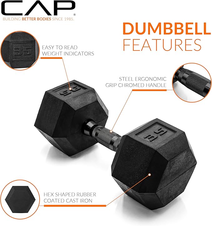 CAP Rubber Coated Dumbbell Weights, Free Weights for Home Gym Strength Training, Anti-Roll Hex Dumbbells with Black, Chrome & Comfort Grip Handles, Singles
