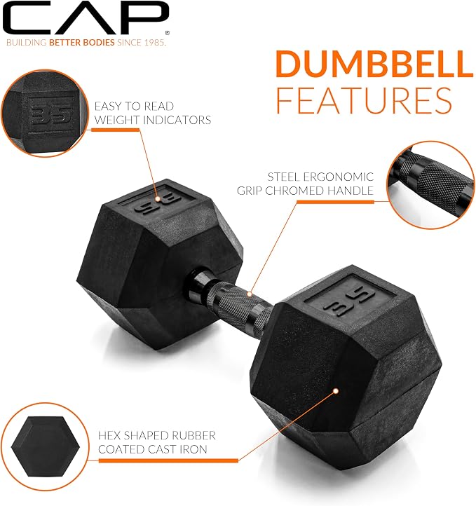 CAP Rubber Coated Dumbbell Weights, Free Weights for Home Gym Strength Training, Anti-Roll Hex Dumbbells with Black, Chrome & Comfort Grip Handles, Pairs & Sets