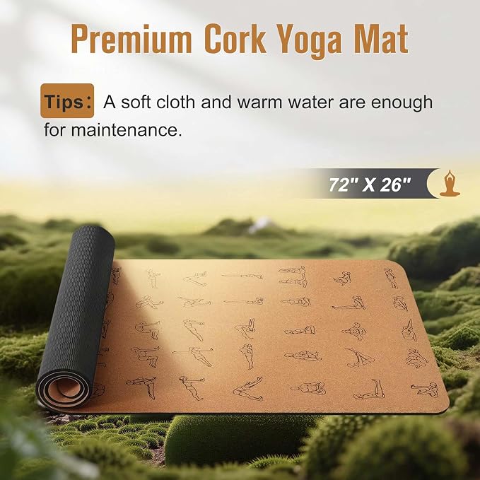 Umineux Cork Yoga Mat 1/4 & 2/5 Inch Thick 72 x 26 in | Thick Cork and TPE Non Slip Yoga Mats for Women Men, Sweat Proof, Sustainable, Great for Hot Yoga & Workouts