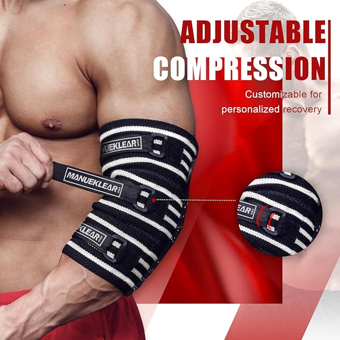 MANUEKLEAR Elbow Sleeves for Weightlifting, Adjustable Elbow Wraps for Weightlifting (L(11"-12"))