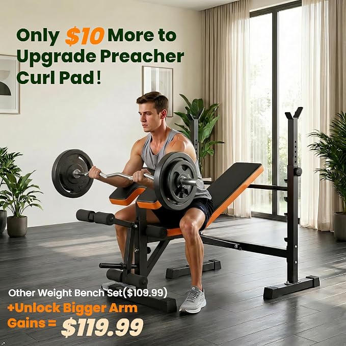 YOLEO Beginner Weight Bench Set for Home Gym, 6-in-1 Adjustable Workout Bench with Squat Rack, Foldable Full Body Fitness Equipment for Bench Press, Sit-Up & Strength Training