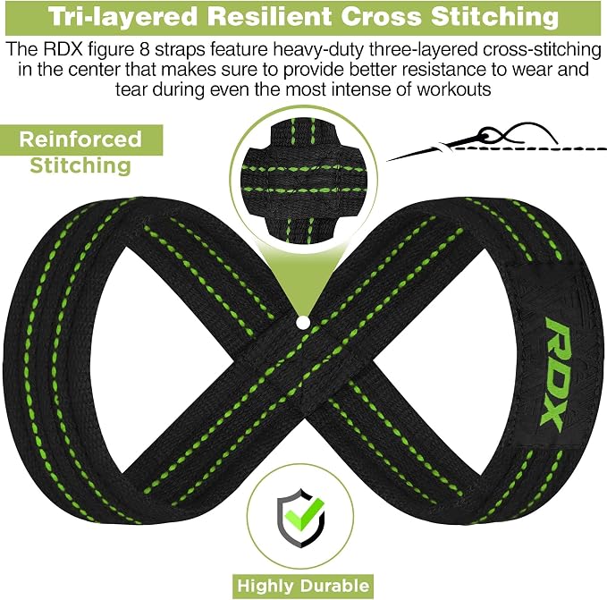 RDX Weight Lifting Straps Figure 8, Anti Slip Strap with Cuffs Wrist Support for Gym Workout Deadlift Powerlifting Bodybuilding Weightlifting, Fitness Strength Training, Hand Bar Grip for Men