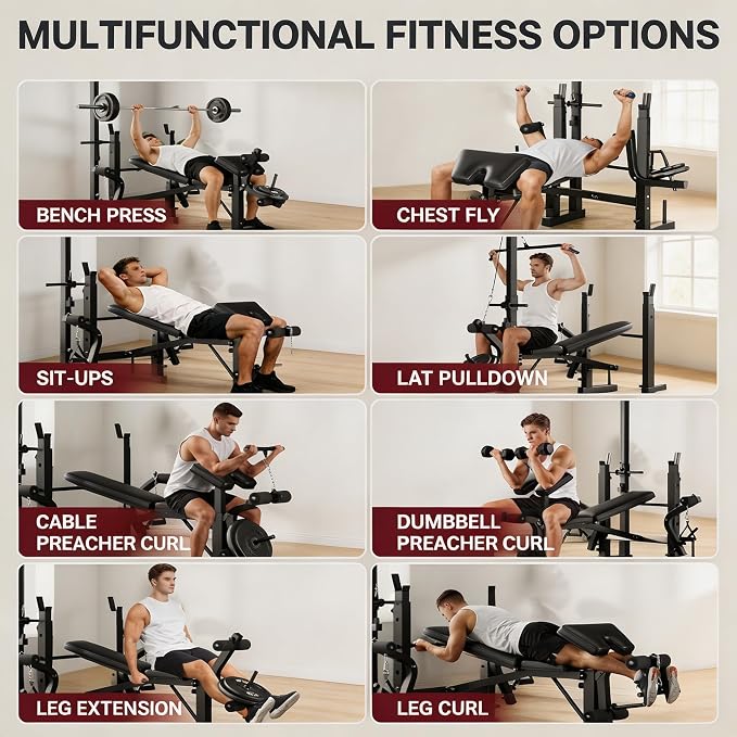 Weight Bench with Leg Extension & Preacher Curl, 8-in-1 Adjustable Bench | Bench Press Set with Squat Rack, 1000LB Capacity Foldable Workout Bench for Home Gym, Full Body Strength Training Equipment