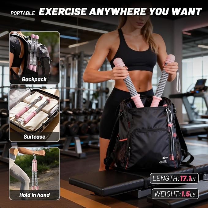 Adjustable Ropeless Battle Ropes for Home Gym,Cordless Battle Ropes with Storage Bag,Portable Workout Ropes for Strength & HIIT,Aerobic Training for Men & Women(Adjustable-Pink(2pack))