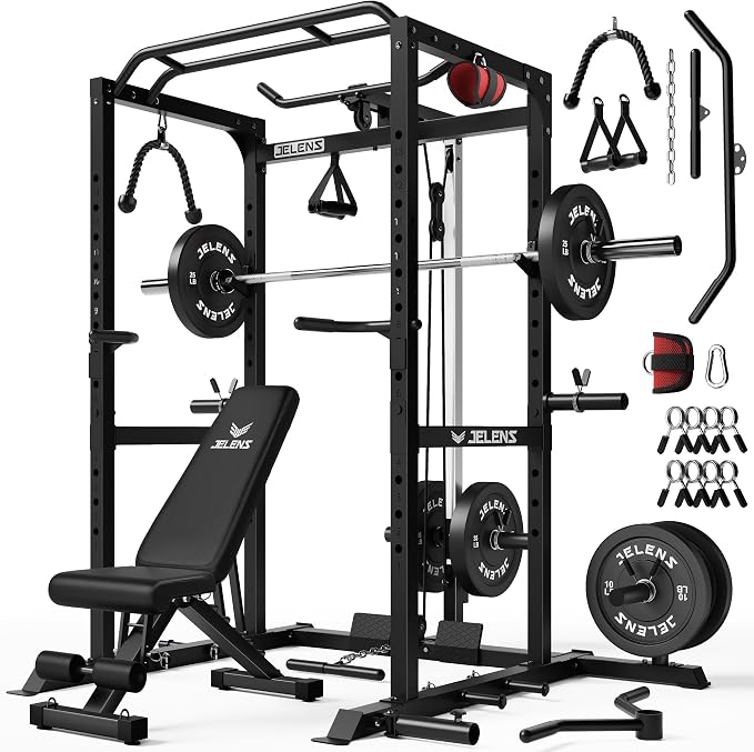 JELENS S21 Power Cage, Multi-Function Power Rack with Adjustable Cable Crossover System, 2000LBS Squat Rack for Home Gym with More Training Attachments