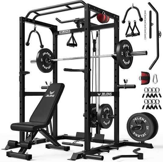JELENS S21 Power Cage, Multi-Function Power Rack with Adjustable Cable Crossover System, 2000LBS Squat Rack for Home Gym with More Training Attachments
