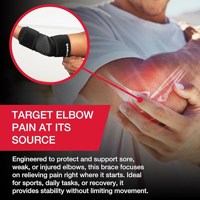 MUELLER Sports Medicine Adjustable Elbow Brace, Elbow Pain Relief Support Sleeve for Men and Women, For Tennis, Golf, Painting, Factory-Line Work, and More, Black, One Size | medical-braces-and-supports