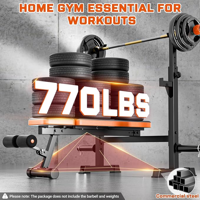 Fostoy Adjustable Weight Bench with Squat Rack & Incline Design | 770LB Heavy Duty, Flat & Incline Positions, Removable Foot Catch, Olympic Bench Press Station, Home Gym Strength Training