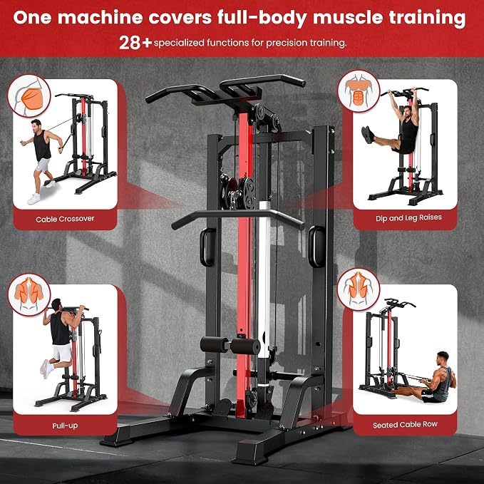 Pull Up Bar Power Tower Dip Station with Cable Machine, 450LB Home Gym | Pull up bar, dip station and 16-position cable system for pull ups, dips, lat pulldowns, rows and full-body training