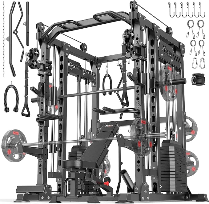 XGSW Smith Machine with Weight Stack, Multi-Function Squat Rack Power Cage with Cable Crossover System, for Home Gym