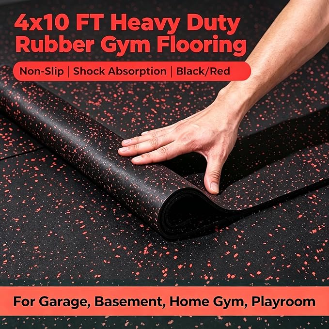 OrangeStar 4x10 FT Heavy Duty Rubber Gym Flooring | Non-Slip Shock Absorbing Garage Floor Mat for Home Gym, Basement, Workout Room, Playroom, Black & Red