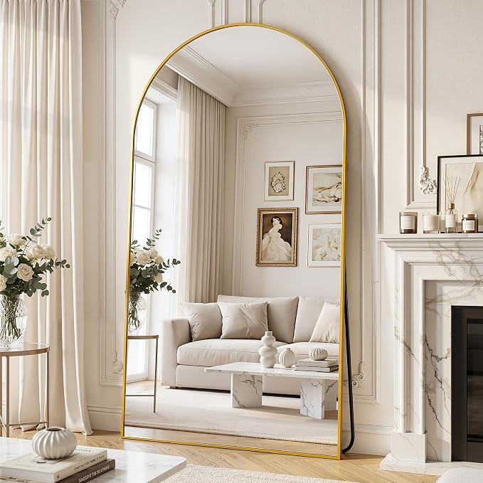 Full Length Mirror, 82"x44" Arched Floor Mirror Freestanding, Floor Standing Full Body Mirror with Stand for Bedroom, Hanging Mounted for Living Room Cloakroom, Gold