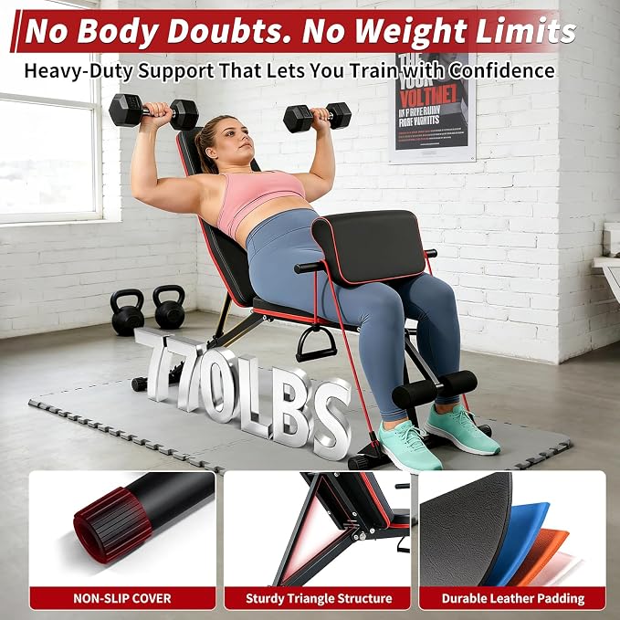 Adjustable Weight Bench, Foldable Workout Bench Press for Home Gym | Heavy duty utility incline decline flat bench with preacher curl, leg extension for full-body strength training.