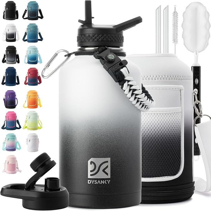 DYSANKY Insulated Water Bottle | Thickened Stainless Steel Vacuum Metal | Portable Sports Half Gallon Large Water Jug for Gym and Hiking with Straw, Carrier Bag, Handle Strap | BPA-Free 64 oz